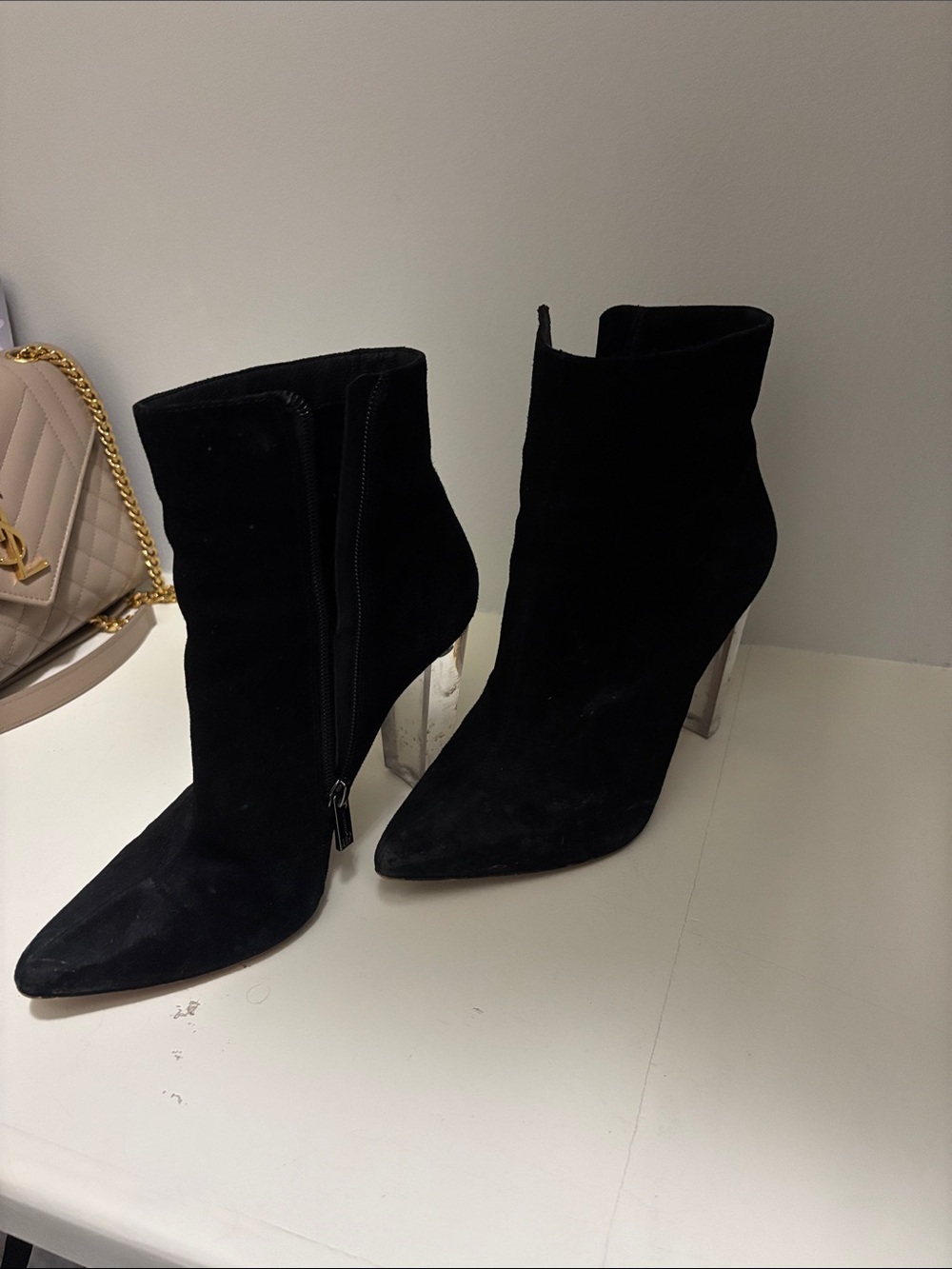 Jessica Simpson Black Suede Pointed Ankle Boots with Clear Block Heel